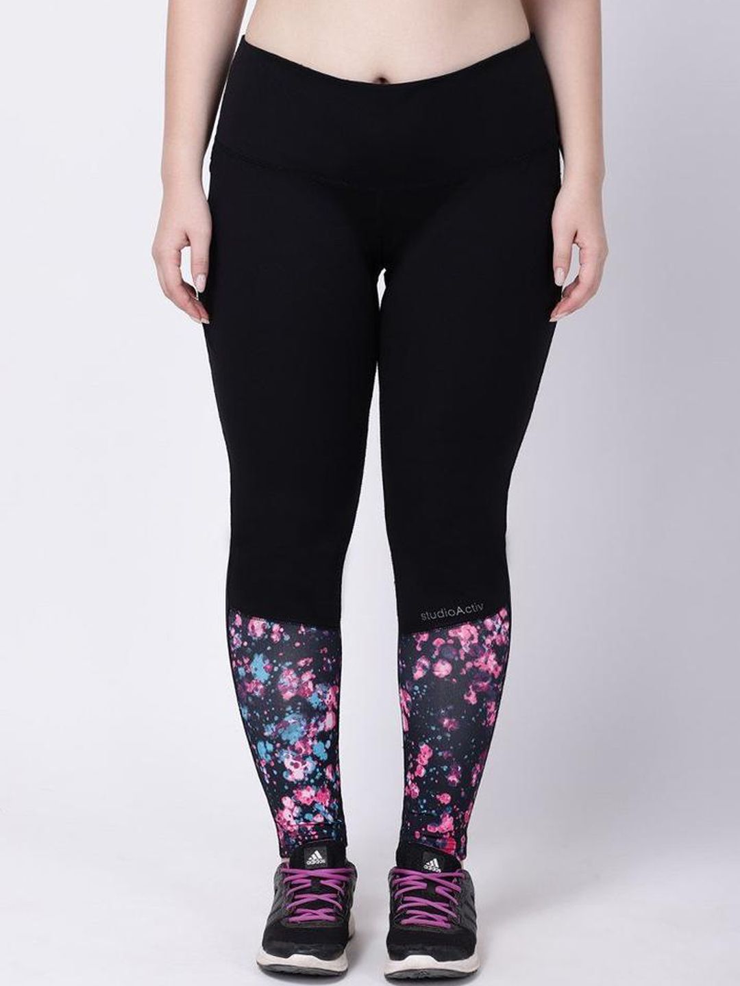 STUDIOACTIV Plus Size Women Black & Pink Printed Sports Tights Price in India