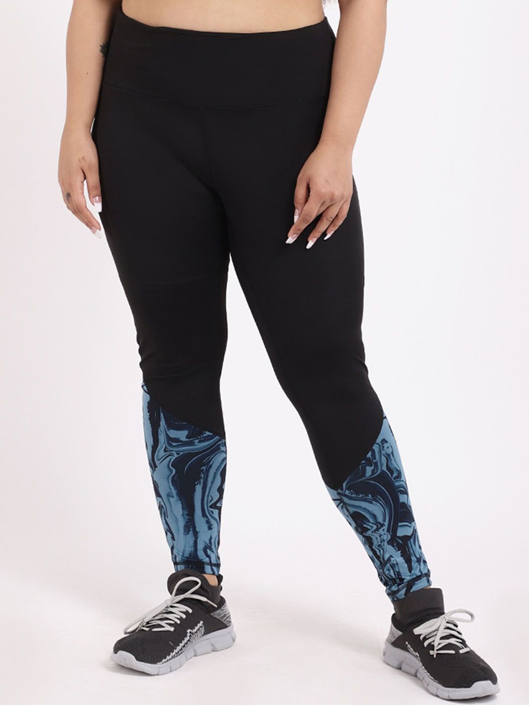 STUDIOACTIV Women Plus Size Black & Blue Printed Sports Tights Price in India