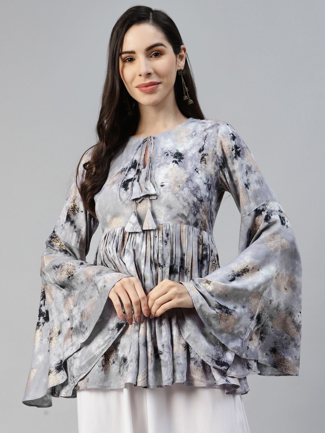 MBE Grey & Black Tie and Dye Print Keyhole Neck Peplum Top