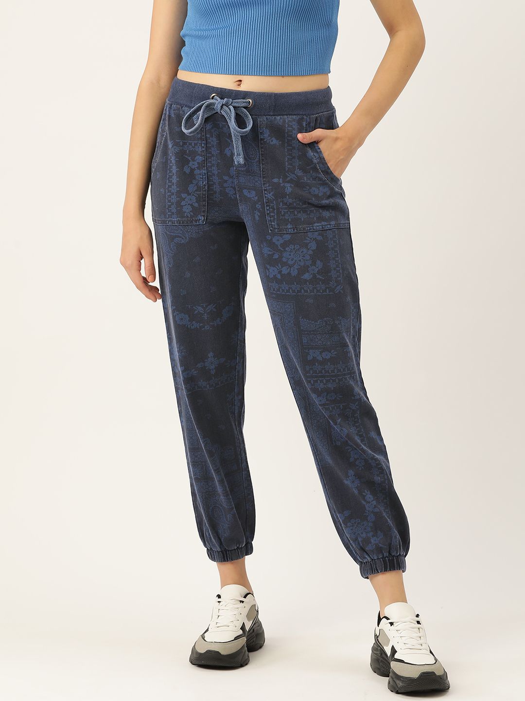 PIRKO Women Navy Blue Printed Loose Fit Joggers Trousers Price in India