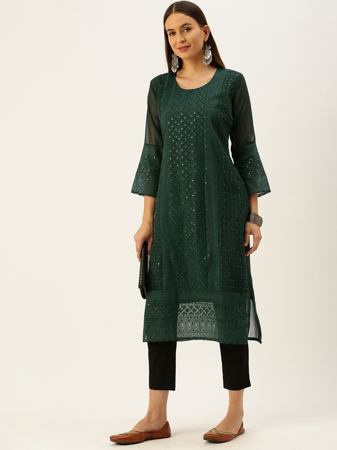 SWAGG INDIA Women Green Ethnic Motifs Embroidered Bell Sleeves Chikankari Straight Kurta Price in India