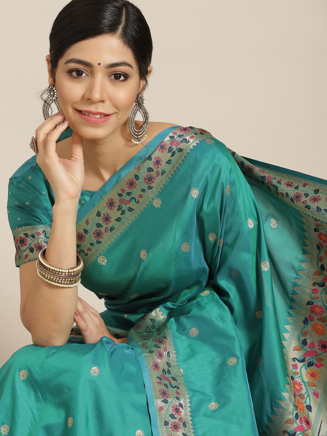 Mitera Green Ethnic Motifs Zari Silk Blend Paithani Saree