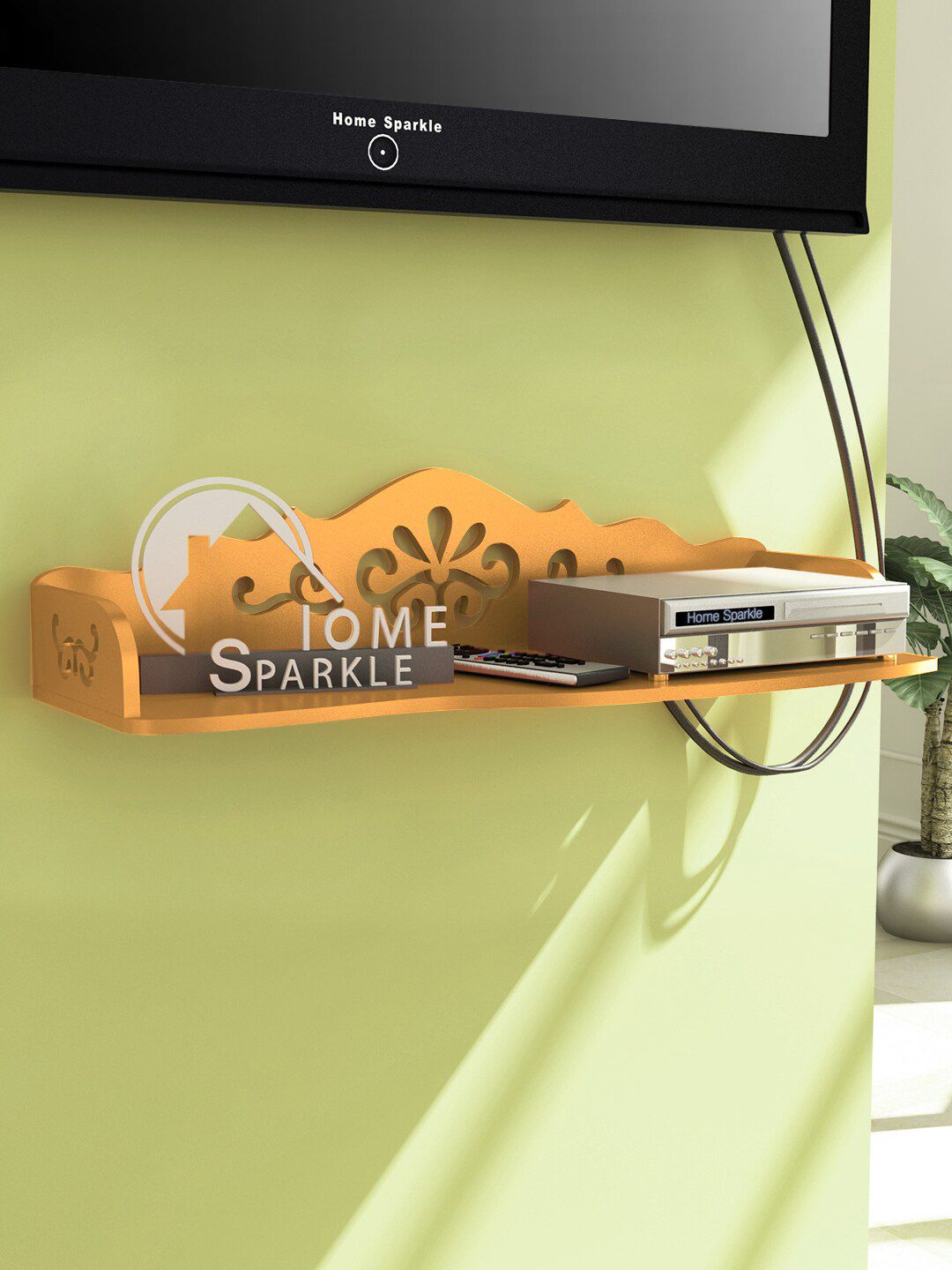 Home Sparkle Gold-Toned Wood Set Top Box Holder & WiFi-Modem Holder Wall Shelf Price in India