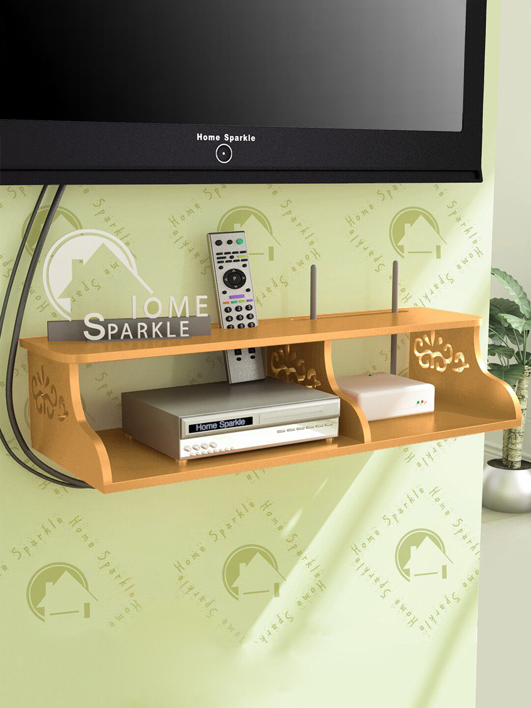 Home Sparkle Golden Wall Mounted TV Entertainment Unit with 2MDF Carved Open Shelf Storage Price in India