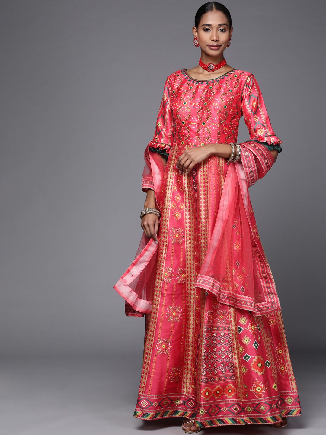 Chhabra 555 Coral Made-to-Measure Mirror Work Embellished Gown with Pleated Sleeves Price in India
