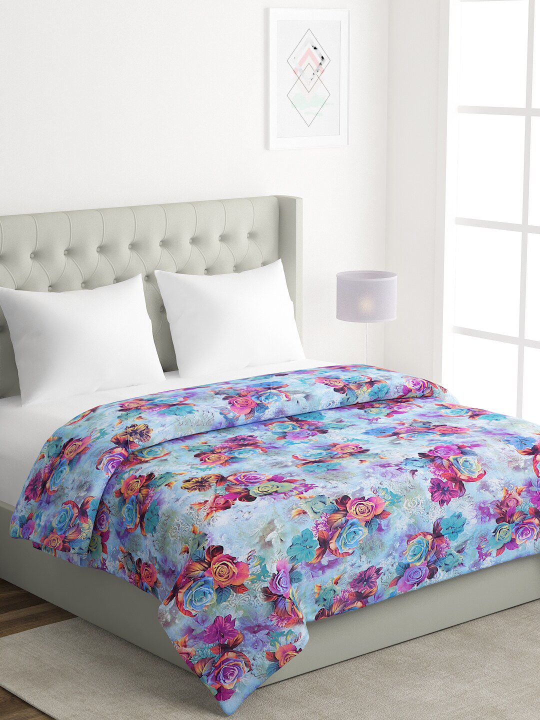 A Homes Grace Blue & Pink Floral Microfiber AC Room 120 GSM Double Bed Comforter Price in India