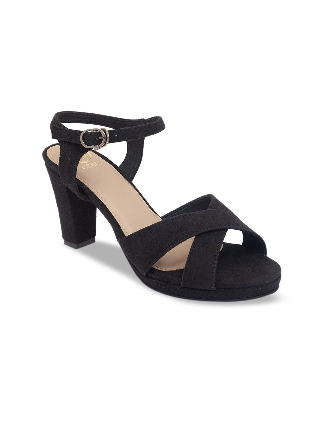 CERIZ Women Black Solid PU Block Sandals with Buckles Price in India