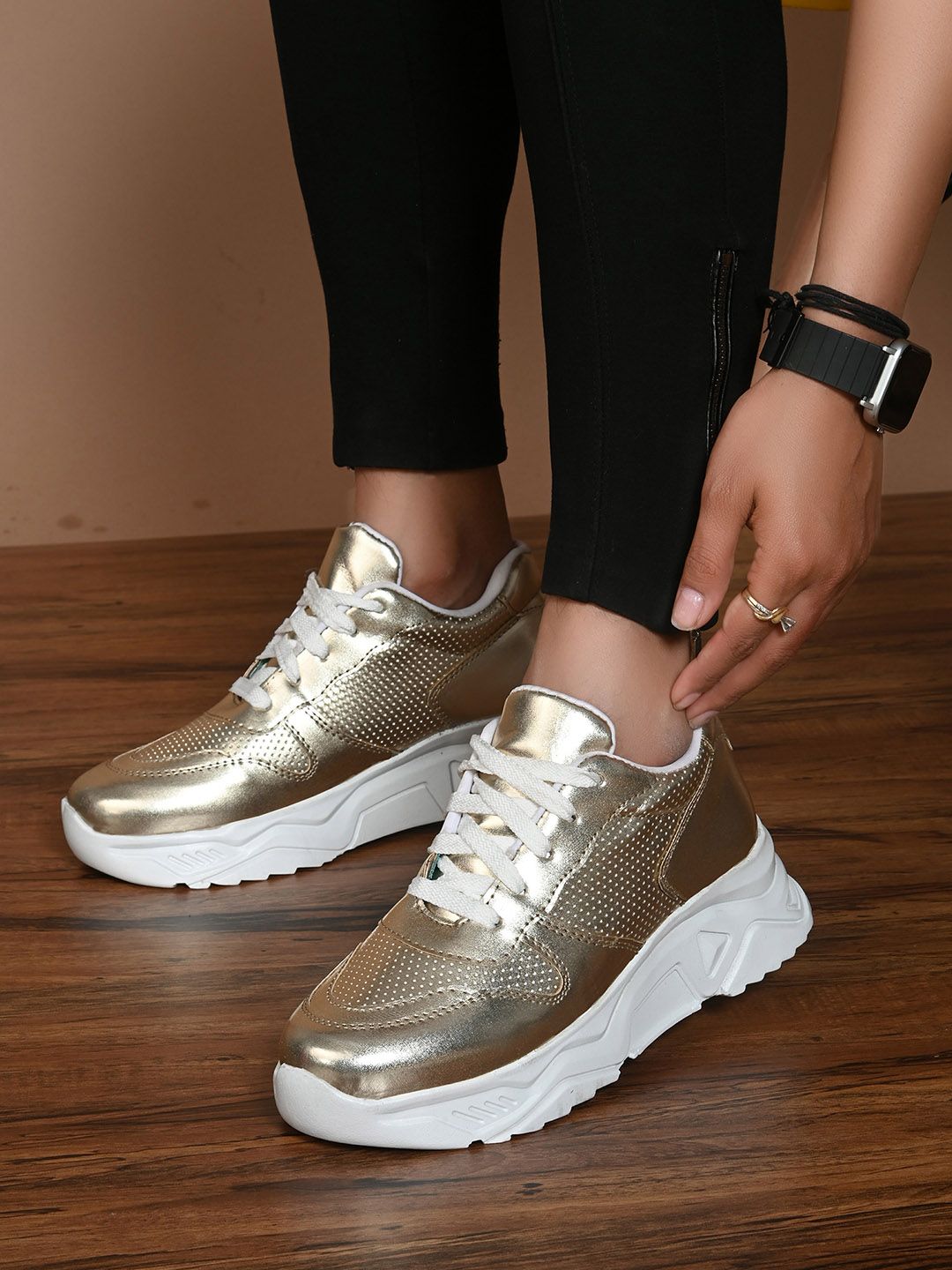 El Paso Women Gold-Toned  Faux Leather Lace Up Sneakers Price in India