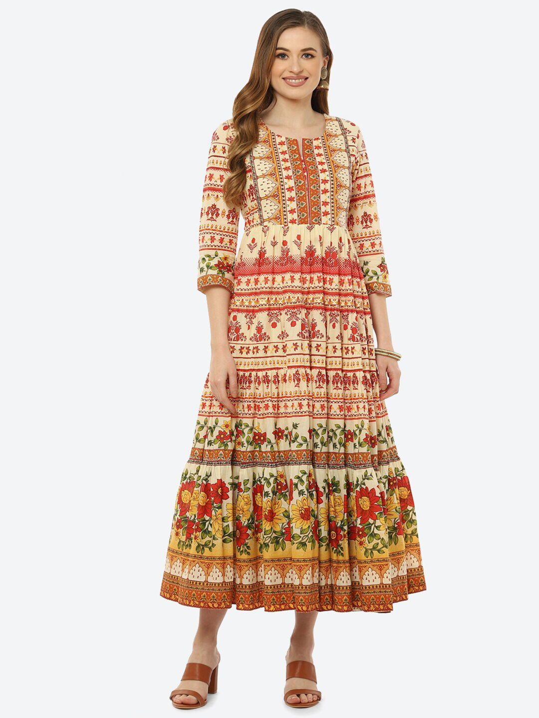 Biba Women Cream-Coloured & Orange Floral Ethnic Midi Dress Price in India