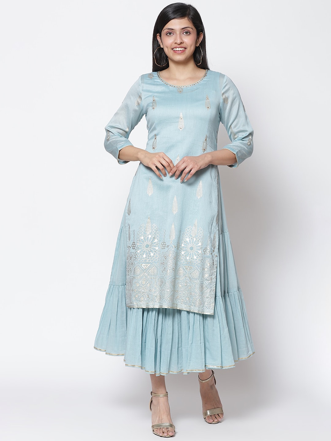 Biba Blue & Golden Ethnic Motifs Printed Layered Ethnic A-Line Midi Dress Price in India