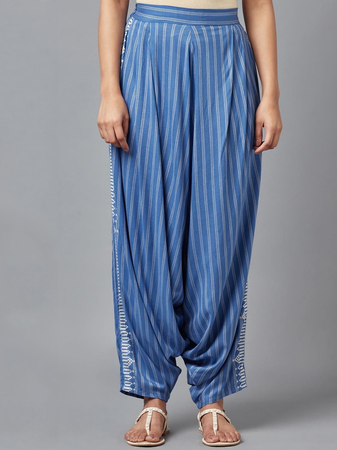 W Women Blue & White Loose Fit Striped Cotton Linen Drop Crotch Trousers Price in India