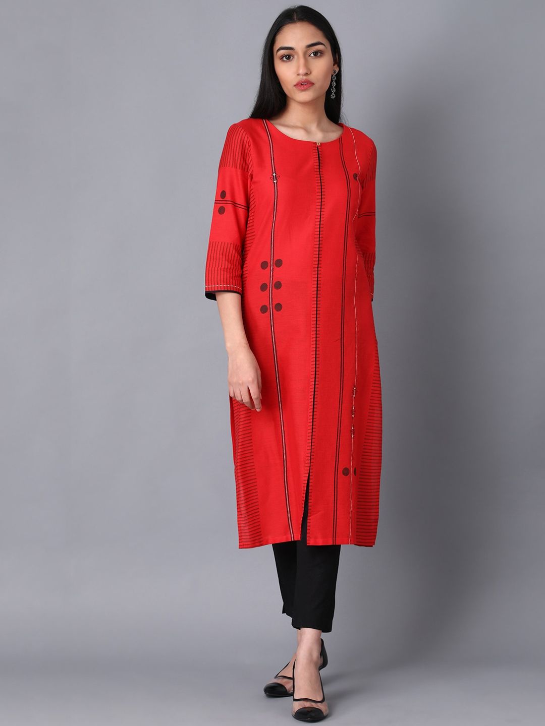 W Women Red Striped Thread Work Kurta Price in India