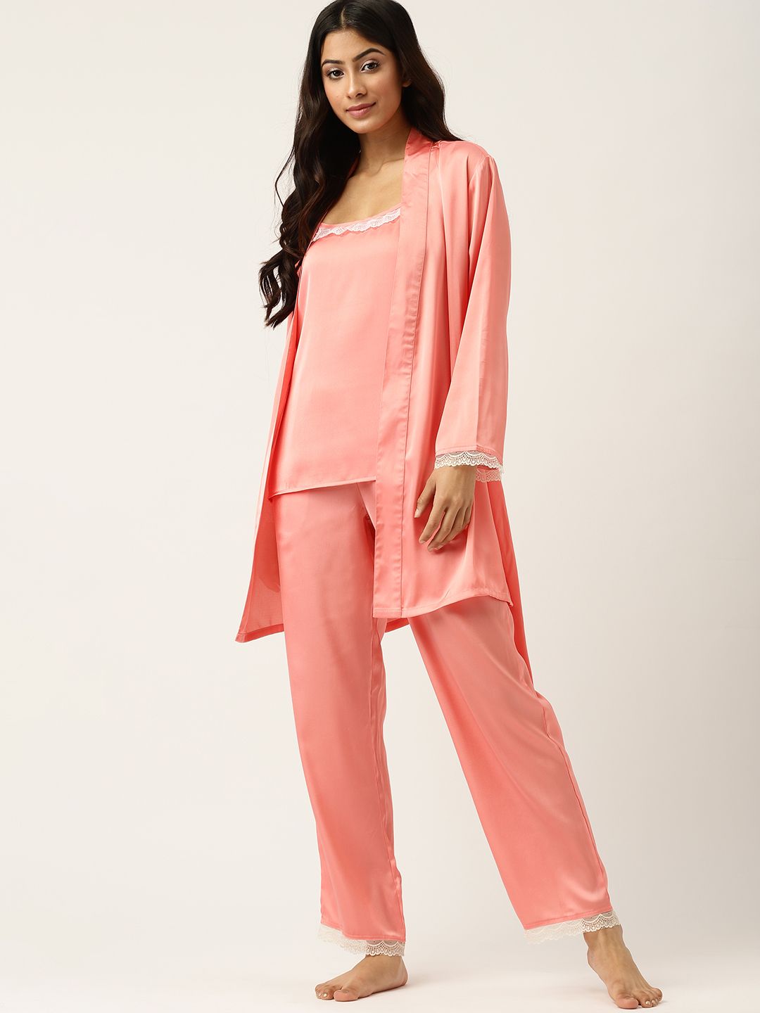 ETC Women Peach-Coloured Solid Night suit With A Robe Price in India