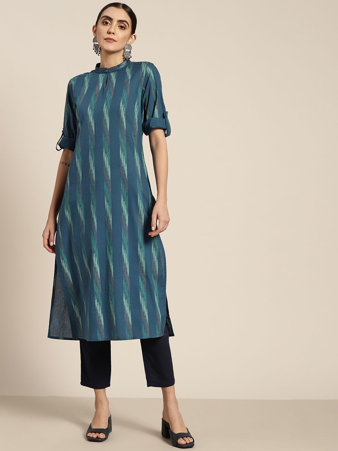 Moda Rapido Women Blue  & Green Pure Cotton Printed Kurta Price in India