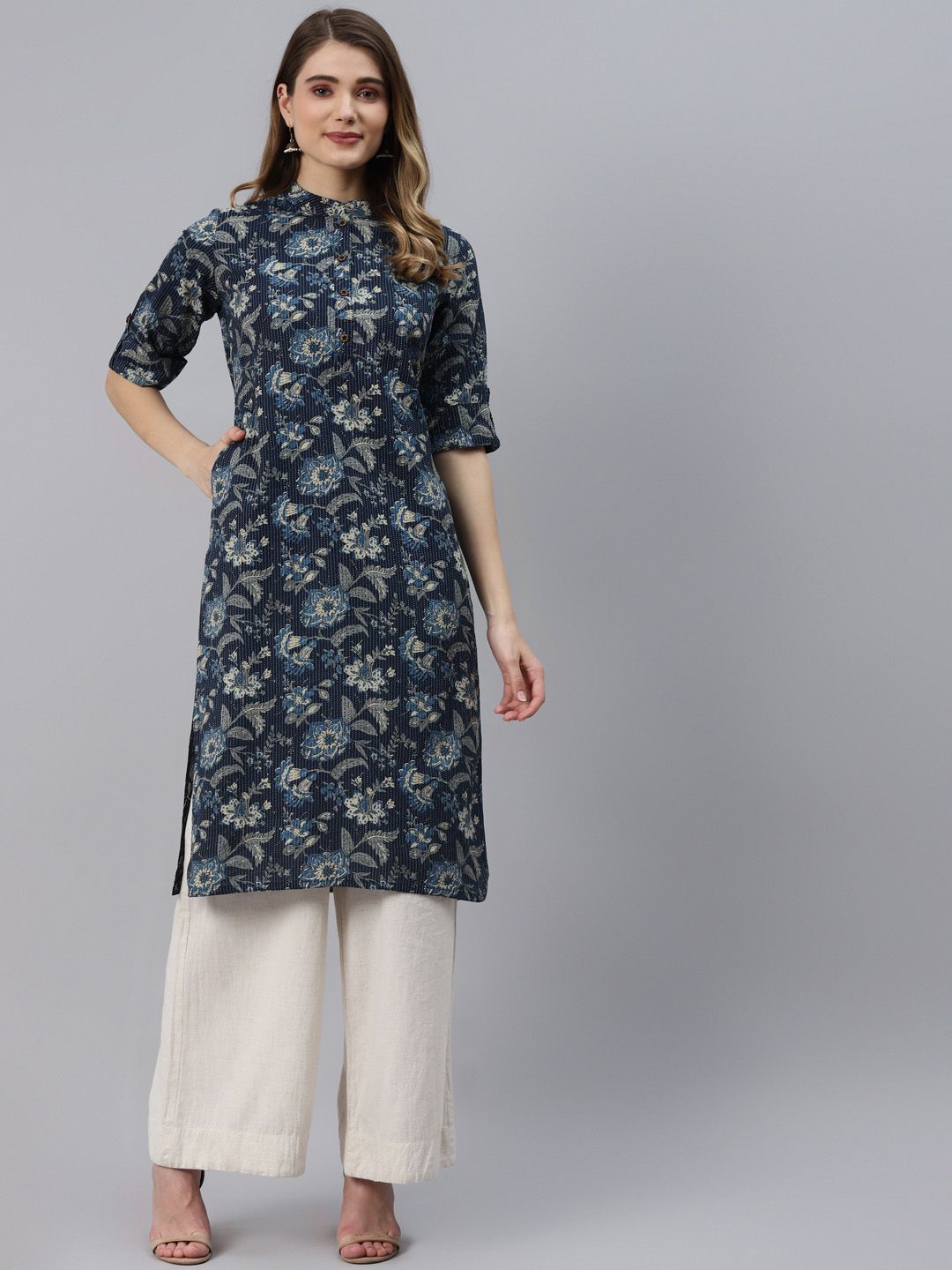 Divena Women Navy Blue Floral Printed Pure Cotton Kurta Price in India