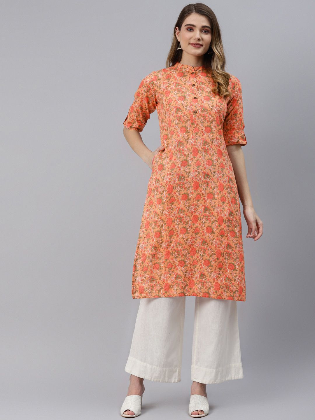 Divena Women Peach-Coloured  Floral Printed Pure Cotton Kurta Price in India