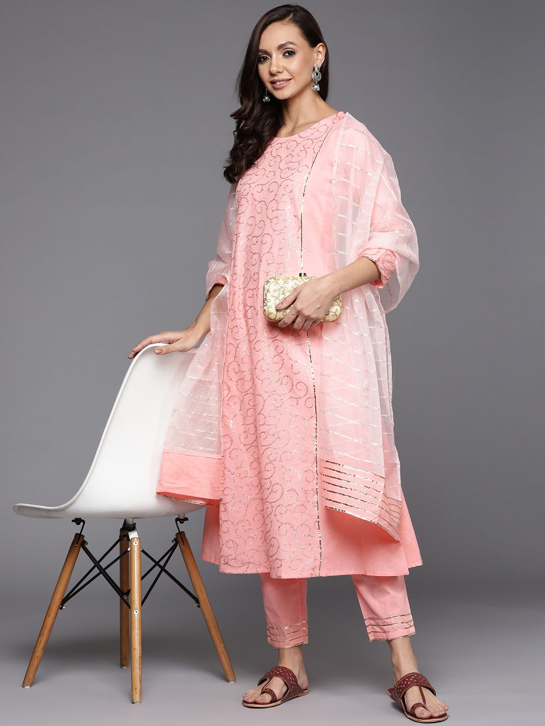 Indo Era Women Pink Ethnic Motifs Embroidered Sequinned Kurta with Trousers & With Dupatta Price in India