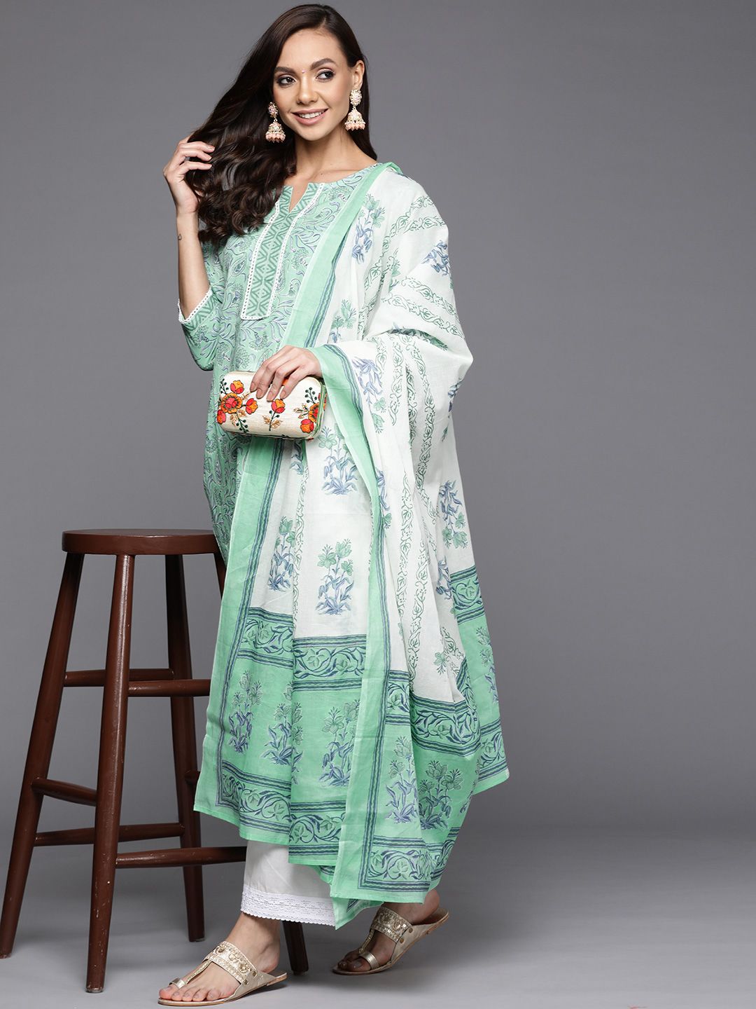 Indo Era Women Sea Green Floral Printed Kurta with Palazzos & With Dupatta Price in India