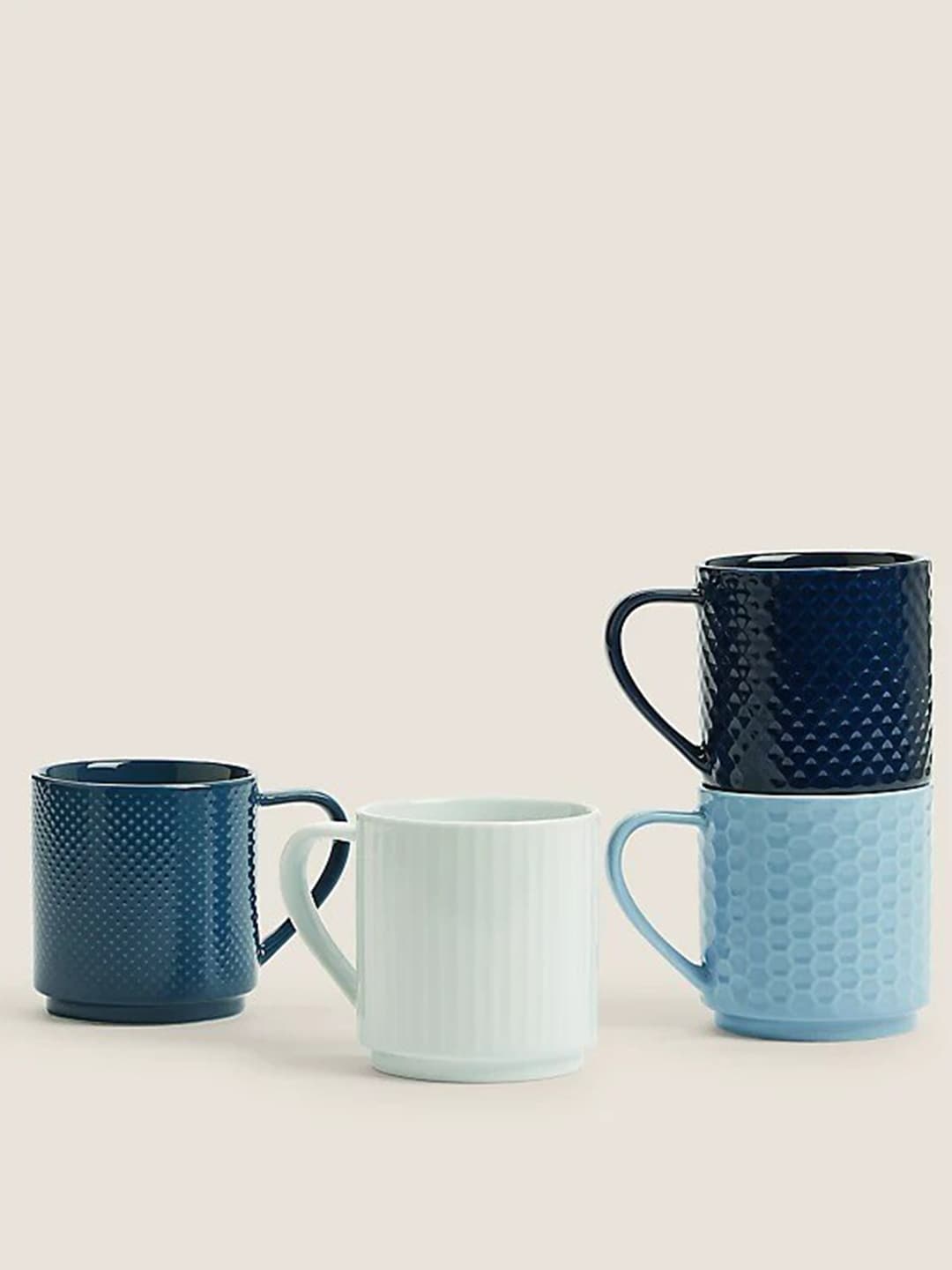 Marks & Spencer Blue & White Set Of 4 Textured Bone China Glossy Mugs Price in India