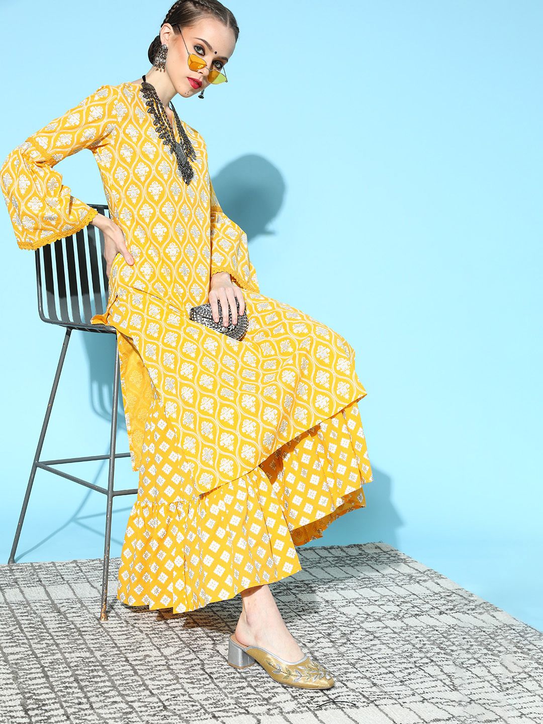HERE&NOW Women Yellow & White Ethnic Motifs Printed Pure Cotton Kurta with Sharara