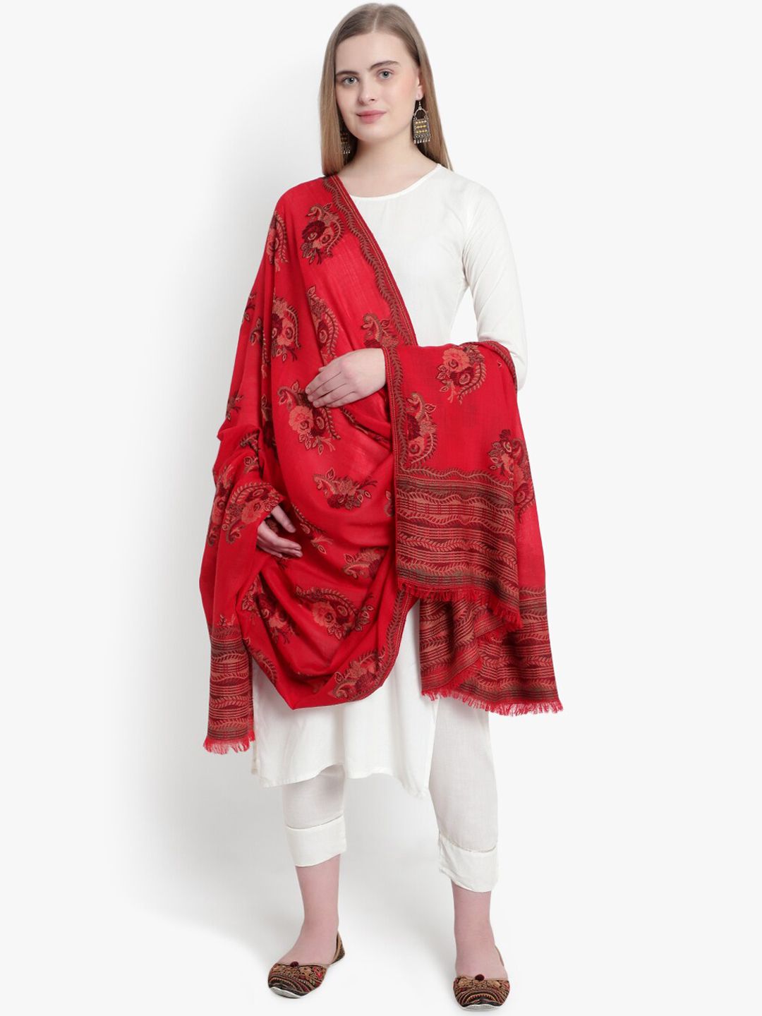 Mizash Women Red Floral Cutting Jaal Design Pashmina Woolen Shawl Price in India
