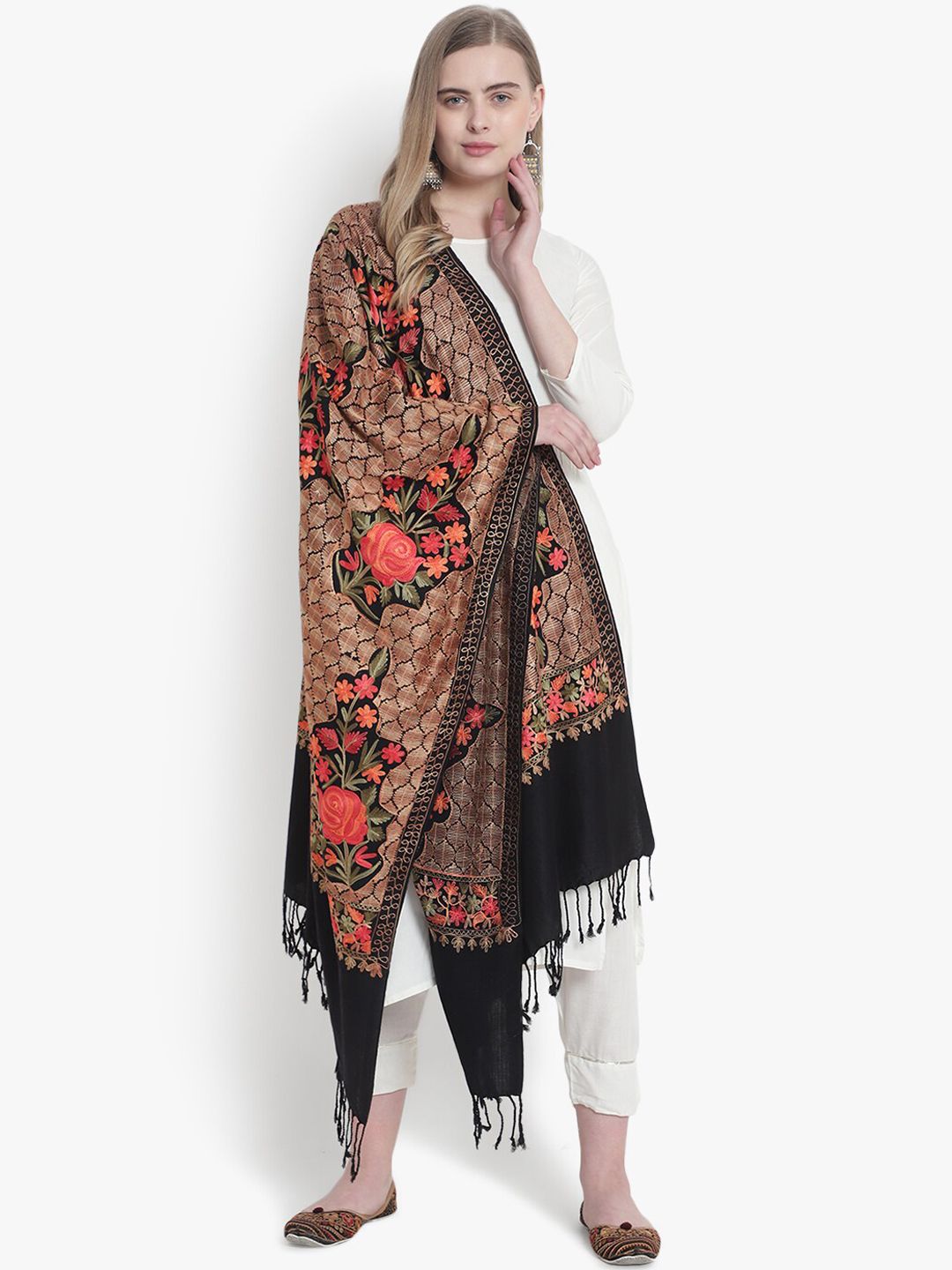 Mizash Women Black & Coral Floral Embroidered Shawl Price in India