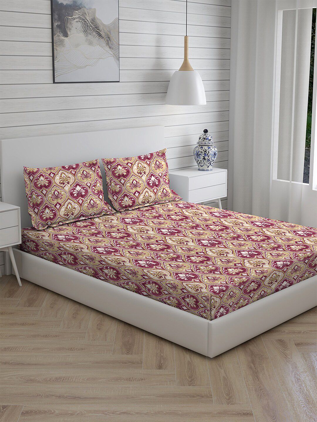 Layers Purple & Beige Ethnic Motifs 104 TC King Cotton Bedsheet with 2 Pillow Covers Price in India