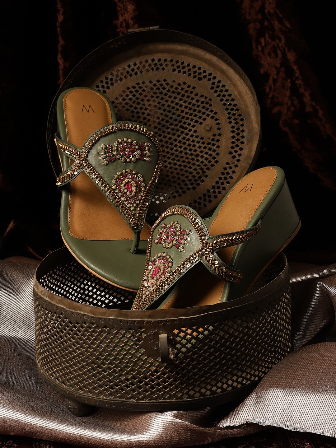 W Women Olive Green Embellished PU Ethnic Wedge Heel Price in India