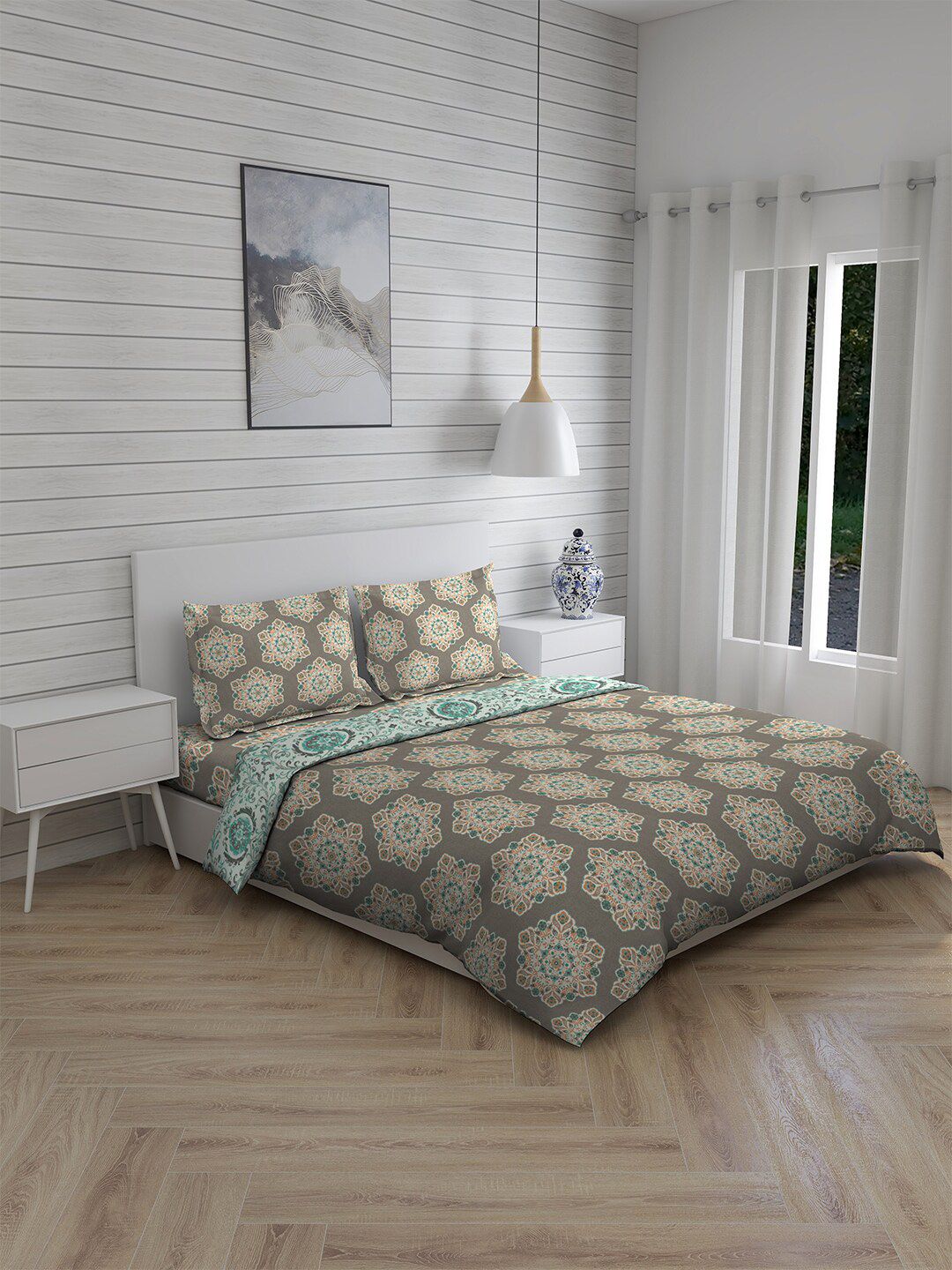 Layers Brown & Sea Green Printed Cotton Double King Bedding Set With Comforter Price in India