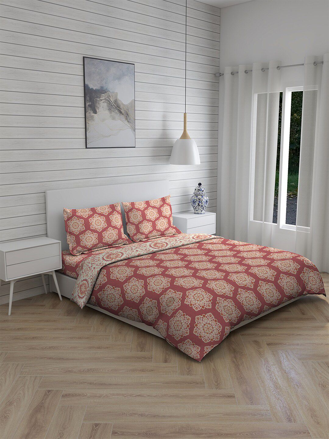Layers Maroon & Beige Ethnic Motifs Printed Double King Cotton Bedding Set Price in India