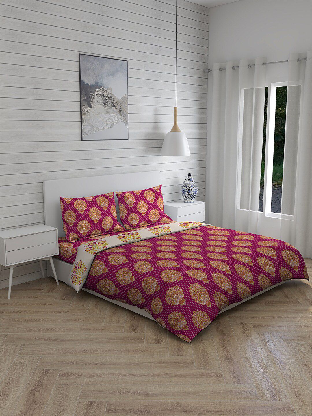 Layers Pink & Mustard Yellow Printed Double King Cotton Bedding Set With Comforter Price in India
