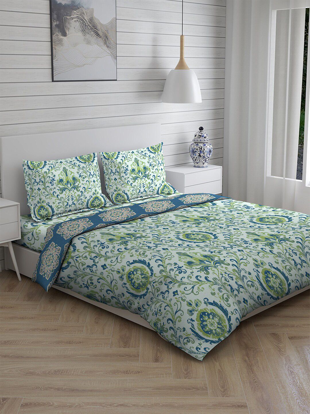 Layers White & Green Printed Double King Cotton Bedding Set Price in India