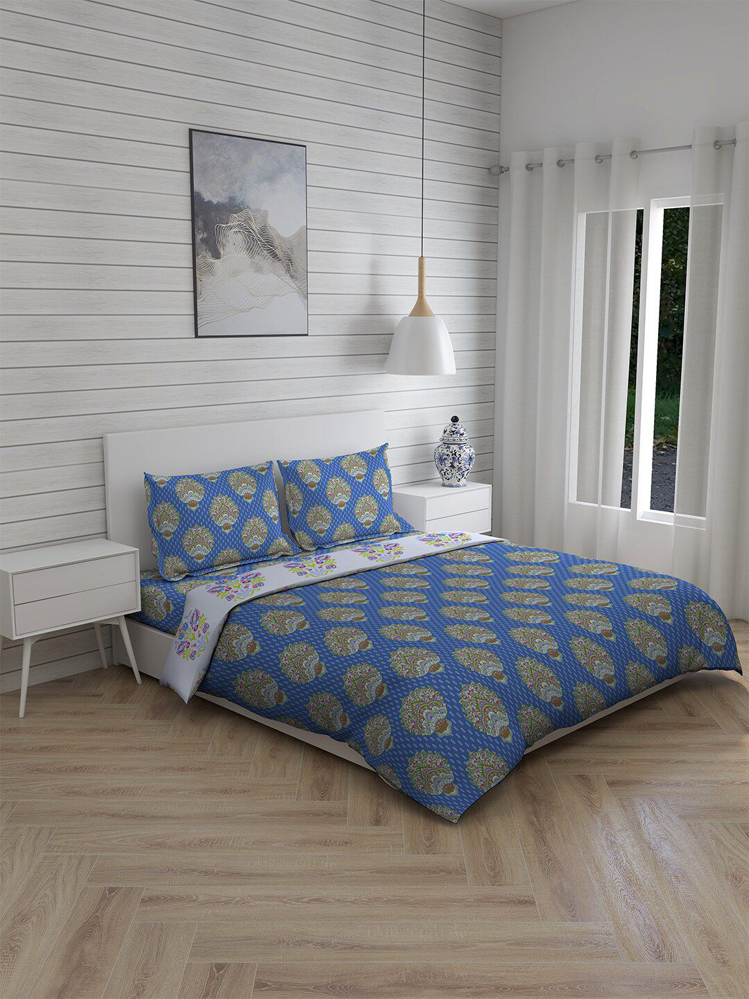 Layers Blue & Green Ethnic Motifs Printed Double King Cotton Bedding Set Price in India