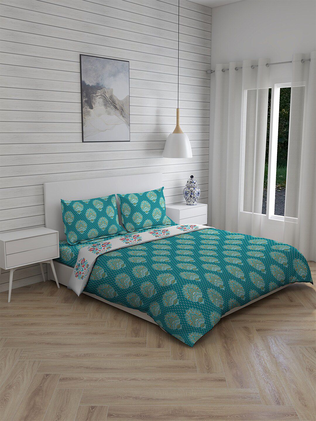 Layers Green & White Printed Double King Bedding Set Price in India