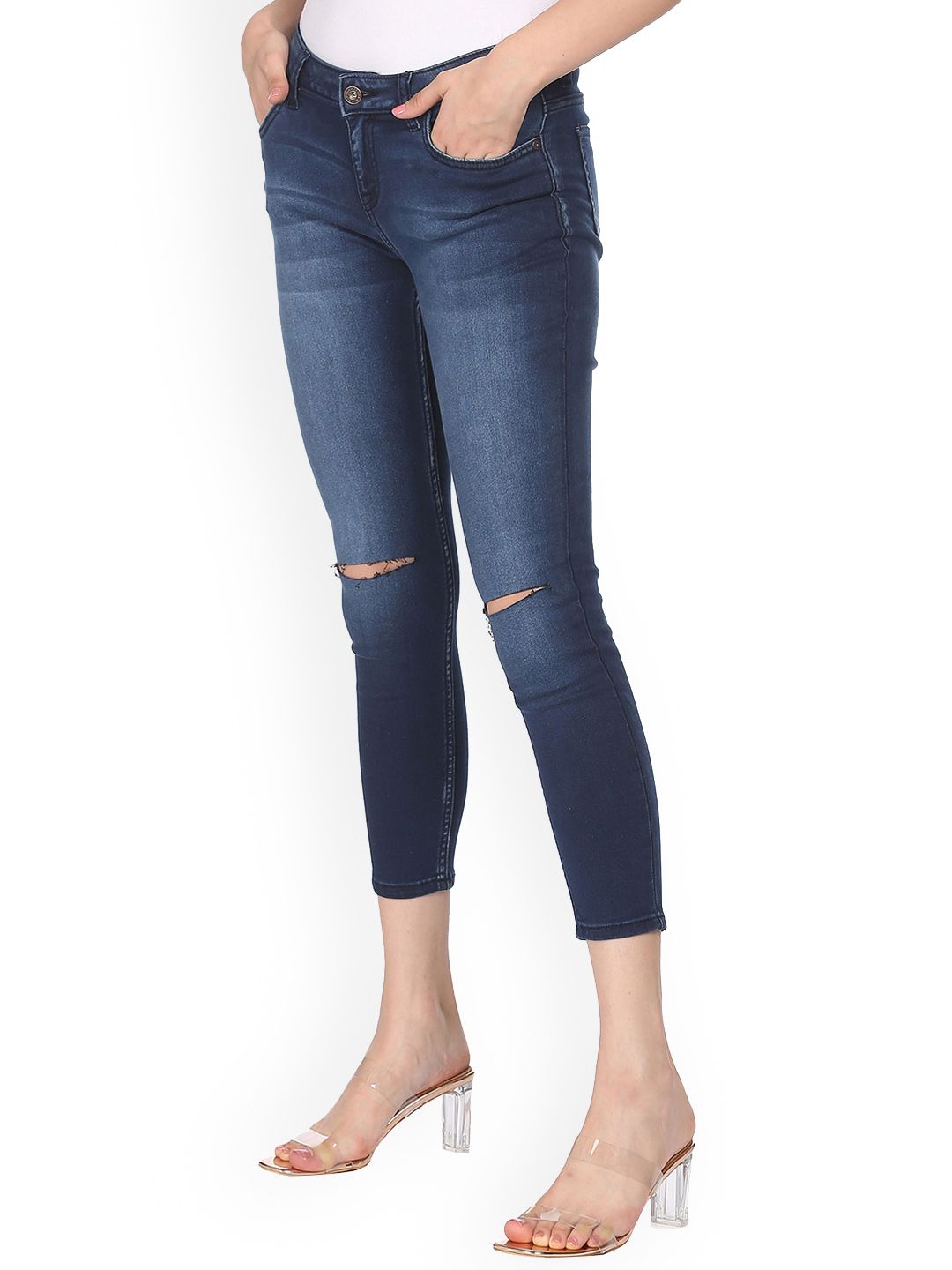 Sugr Women Blue Slash Knee Light Fade Stone Washed Jeans Price in India