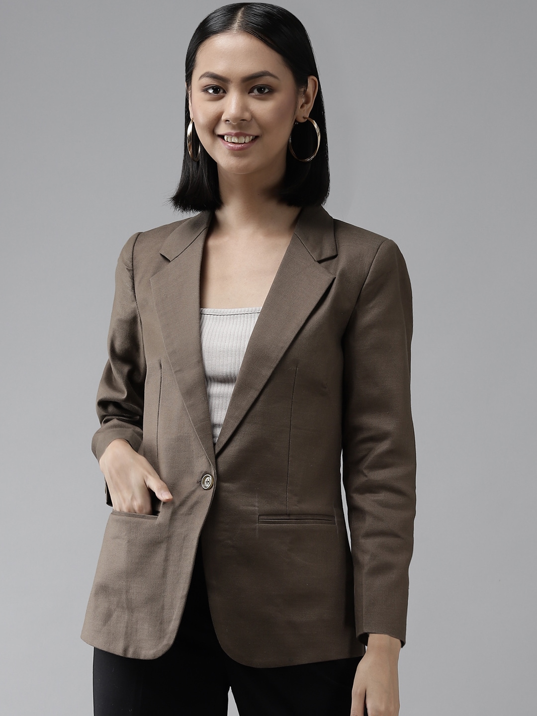 Shaftesbury London Women Brown Solid Slim Fit Single-Breasted Blazer Price in India