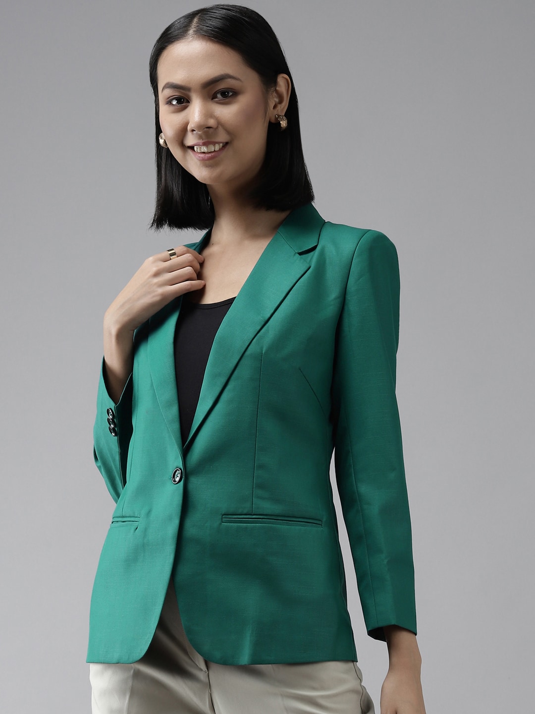 Shaftesbury London Women Green Solid Slim-Fit Single-Breasted Formal Blazer Price in India