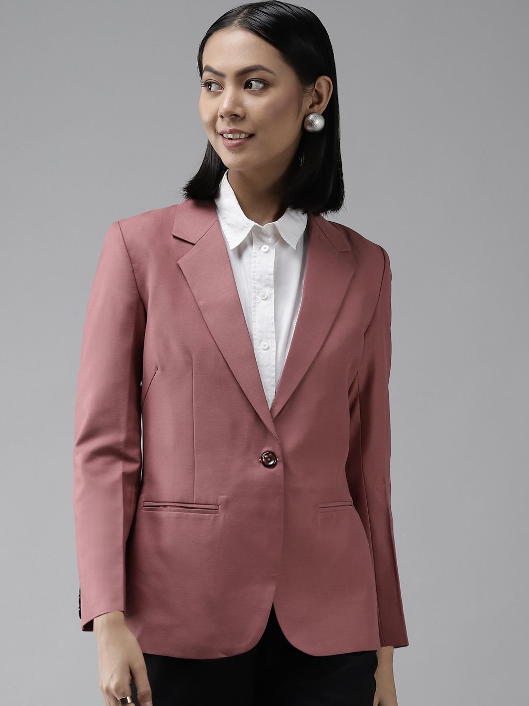 Shaftesbury London Women Dusty Pink Solid Notched Lapel Collar Formal Blazer Price in India