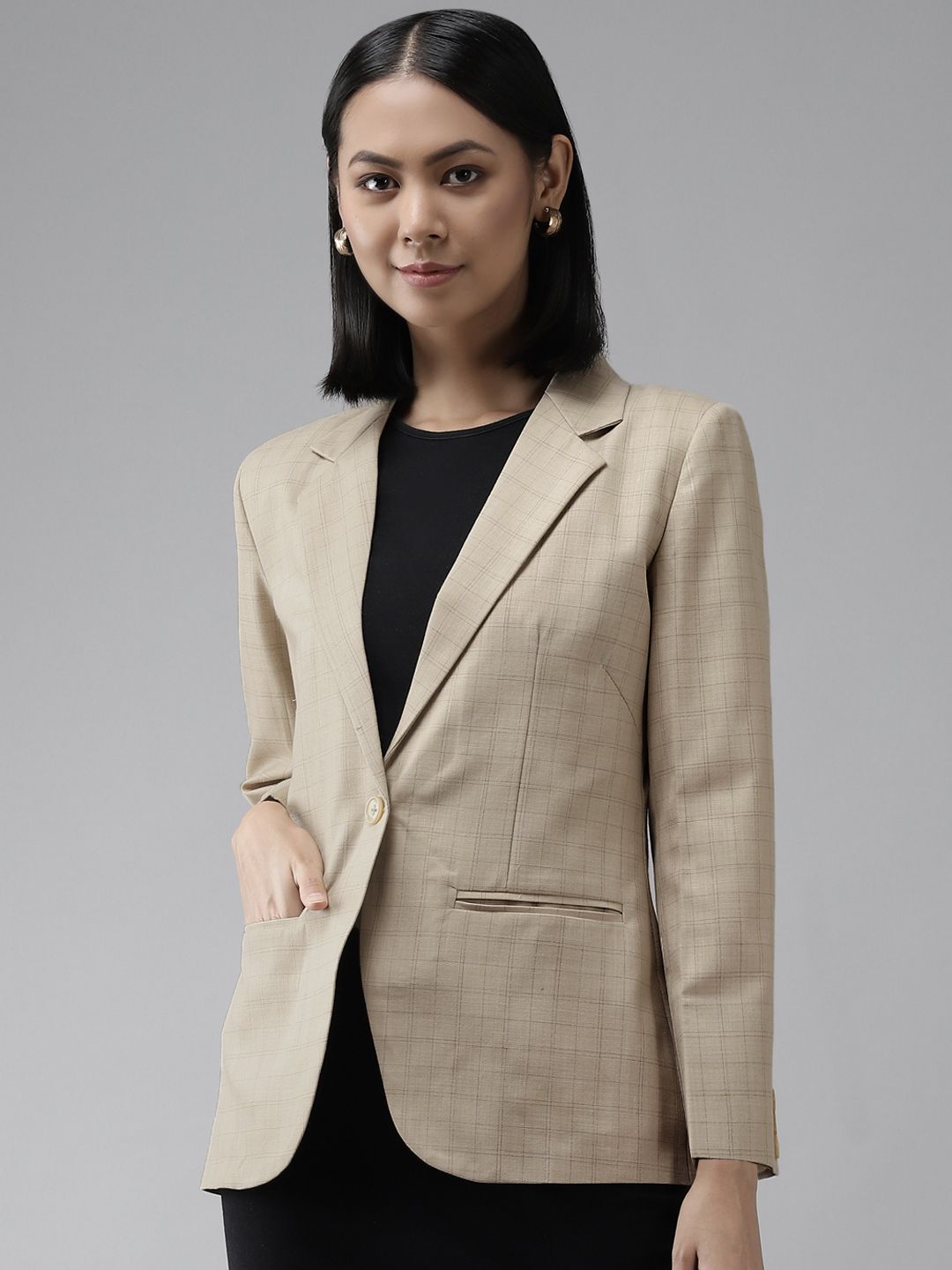 Shaftesbury London Women Beige Checked Slim-Fit Single-Breasted Formal Blazer