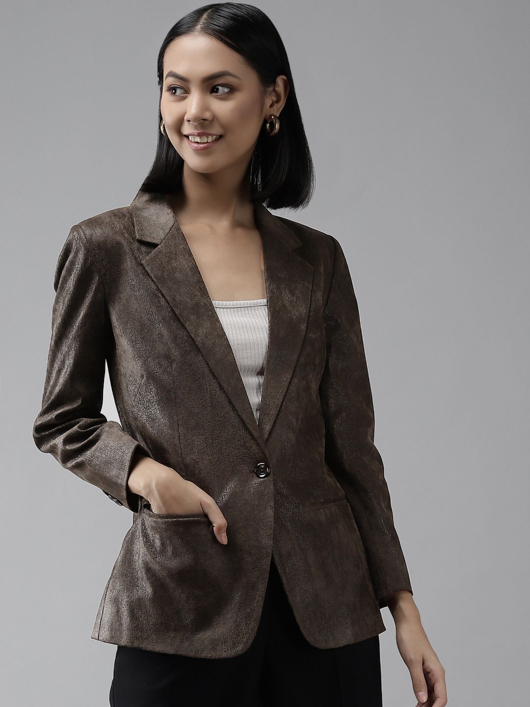 Shaftesbury London Women Brown Solid Textured Single-Breasted Formal Blazer Price in India