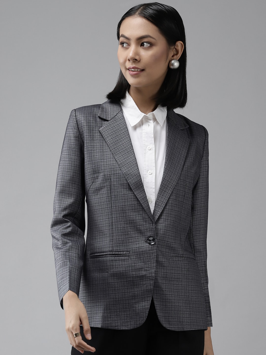 Shaftesbury London Women Grey Checked Slim-Fit Single-Breasted Formal Blazer Price in India