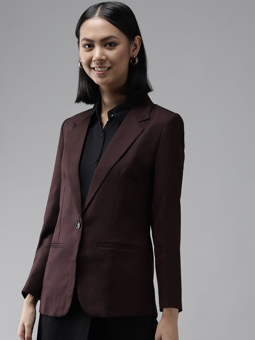 Shaftesbury London Women Maroon Solid Single-Breasted Formal Blazer Price in India