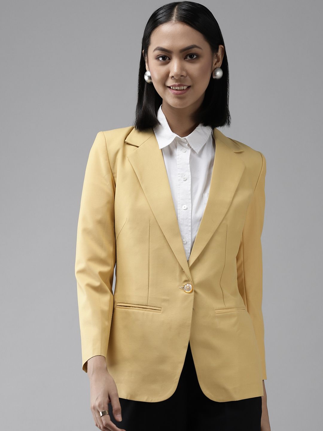 Shaftesbury London Women Yellow Solid Formal Blazer Price in India