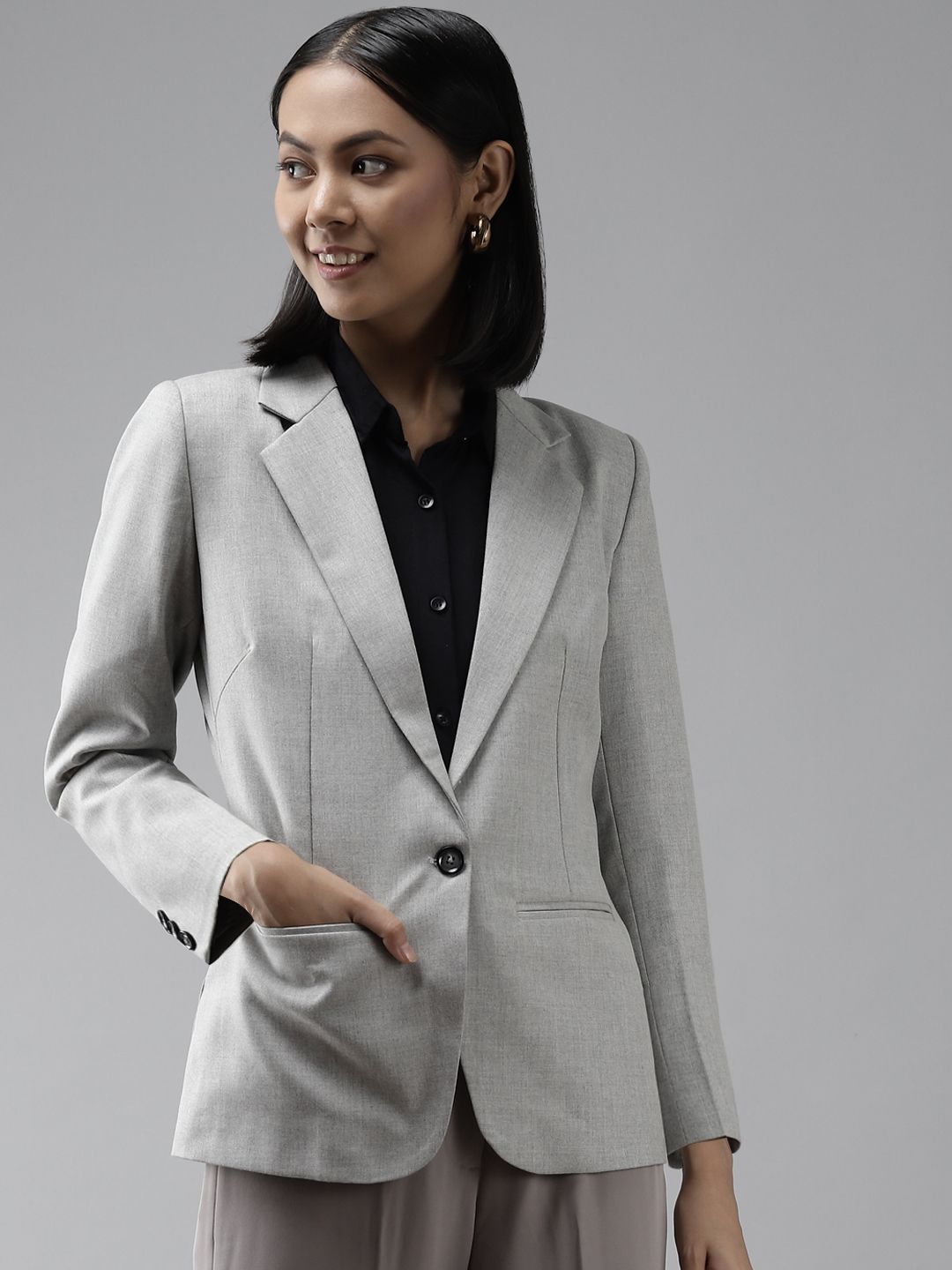 Shaftesbury London Women Grey Solid Slim Fit Single-Breasted Blazer Price in India