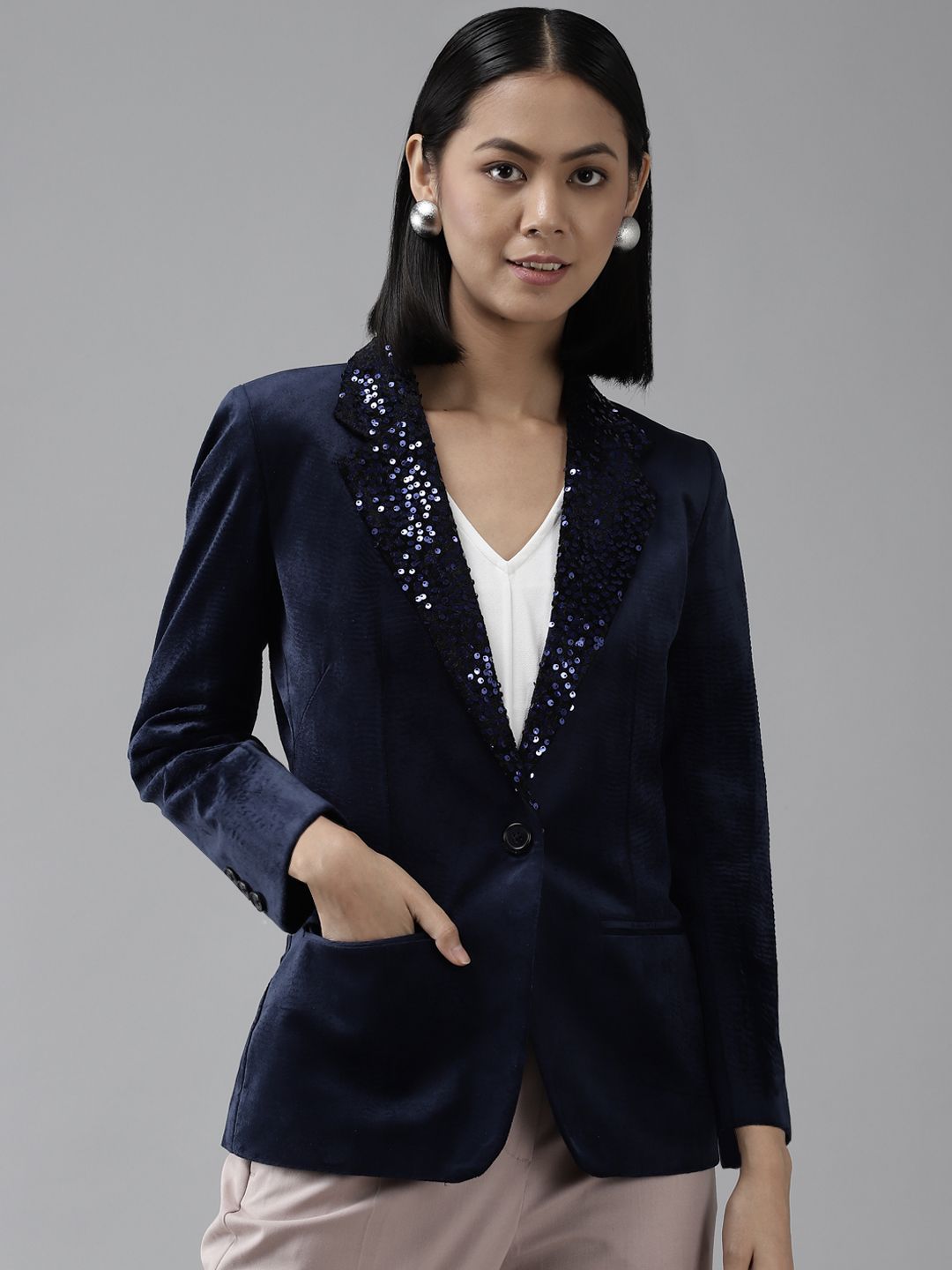 Shaftesbury London Women Navy Blue Solid Slim-Fit Formal Blazer With Embellished Detail Price in India