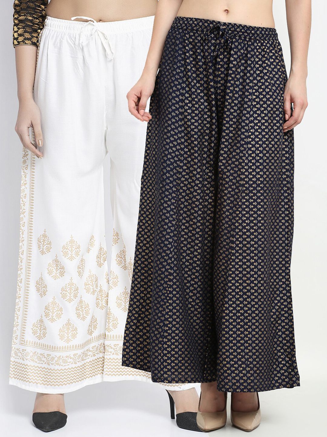 Jinfo Women Off-White & Navy Blue Pack Of 2 Ethnic Motifs Printed Flared Fit Palazzos Price in India