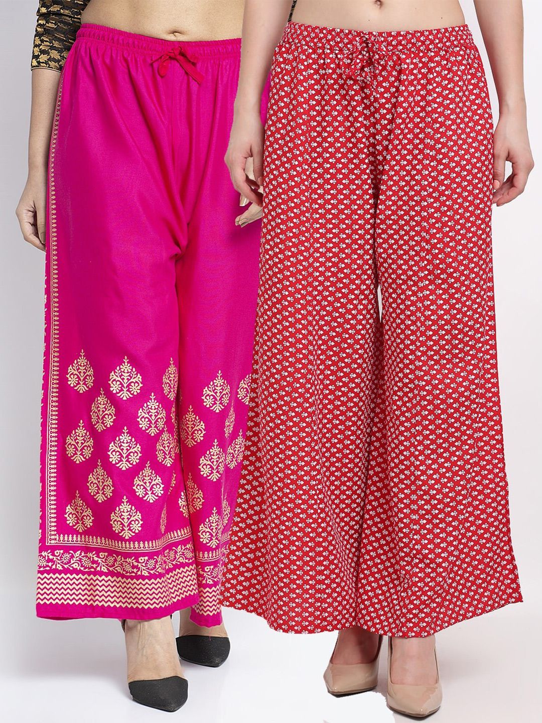 Jinfo Women Pink & Red 2 Ethnic Motifs Printed Flared Knitted Ethnic Palazzos Price in India