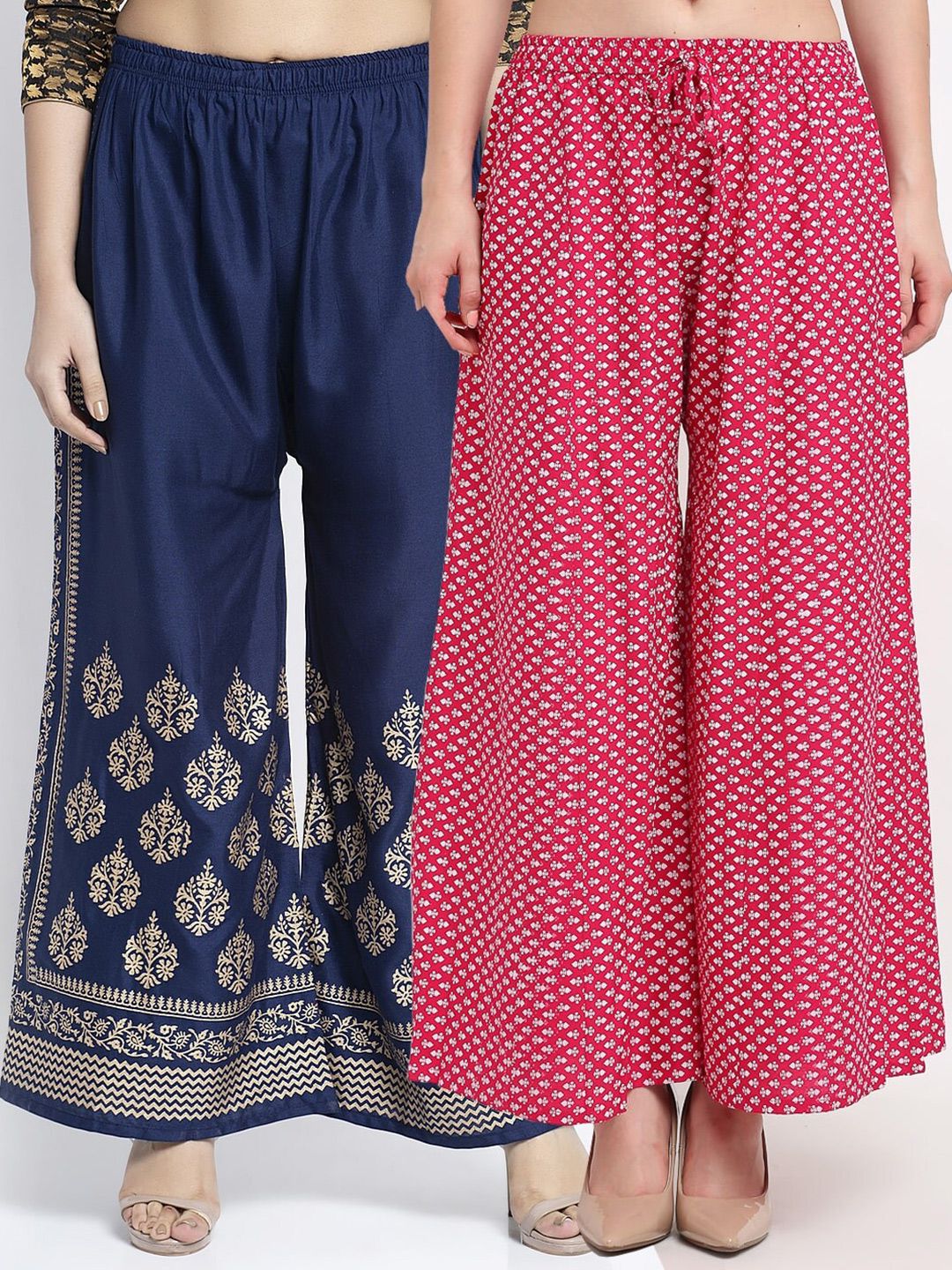 Jinfo Women Pack Of 2 Navy Blue & Pink Floral Printed Flared Knitted Palazzos Price in India