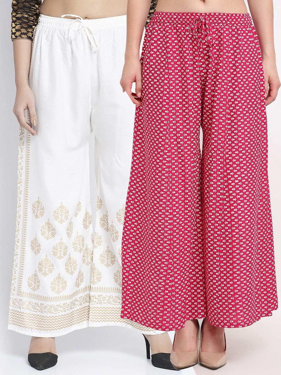 Jinfo Women Pack Of 2 White & Pink Ethnic Motifs Printed Flared Knitted Ethnic Palazzos Price in India