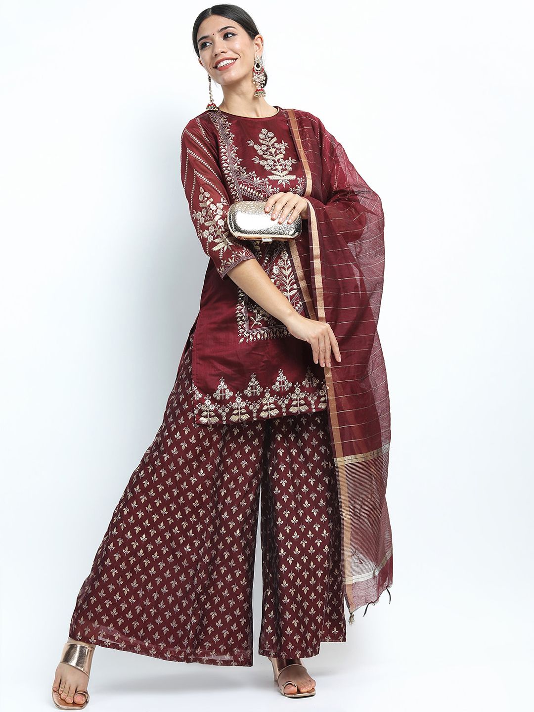 Vishudh Women Maroon Ethnic Motifs Printed Kurti with Palazzos & With Dupatta Price in India